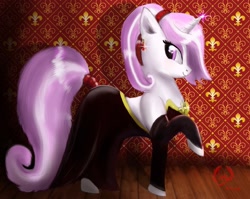 Size: 2316x1839 | Tagged: safe, artist:greenbrothersart, character:fleur-de-lis, species:pony, species:unicorn, g4, black dress, clothing, dress, ear piercing, earring, female, jewelry, piercing, ponytail, profile, raised hoof, signature, smiling, solo, tail wrap, teenager, younger