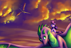 Size: 1203x808 | Tagged: safe, artist:c-puff, character:spike, character:twilight sparkle, species:dragon, adult, adult spike, flying, glowing horn, magic, older, ponies riding dragons, riding, sunset, winged spike