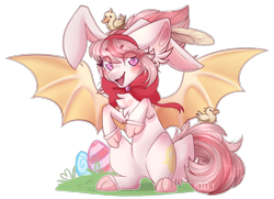 Size: 1584x1146 | Tagged: safe, artist:monogy, oc, oc:ducky, species:bat pony, species:pony, animal costume, bunny costume, clothing, costume, duckling, female, mare, neck bow, simple background, solo, transparent background