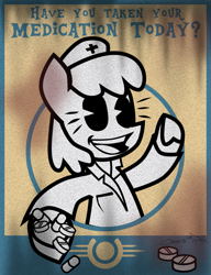 Size: 613x800 | Tagged: safe, artist:cazra, oc, oc:stable filly, species:earth pony, species:pony, fallout equestria, doctor, medicine, nurse, pacman eyes, pills, poster, public service announcement, stable-tec