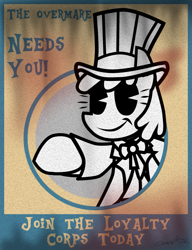Size: 613x800 | Tagged: safe, artist:cazra, oc, oc:stable filly, species:earth pony, species:pony, fallout equestria, clothing, coat, hat, pacman eyes, patriotic, poster, propaganda, propaganda poster, stable-tec, top hat, uncle sam