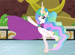 Size: 4424x3272 | Tagged: safe, artist:disneymarvel96, character:princess celestia, species:pony, brooch, cape, clasp, clothing, elsa'cape, frozen (movie), ice rink, ice skating, let it go