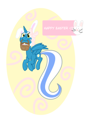 Size: 2894x4093 | Tagged: safe, artist:riofluttershy, oc, oc:fleurbelle, species:alicorn, species:pony, species:rabbit, alicorn oc, basket, bow, bunny ears, easter, easter basket, easter egg, female, flying, happy, holiday, mare, ribbon