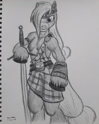 Size: 2448x3060 | Tagged: safe, artist:rockhoppr3, character:applejack, species:anthro, species:earth pony, species:pony, g5 leak, leak, applejack (g5), applejacked, arm hooves, female, kilt, looking at you, monochrome, muscles, muscular female, semi-anthro, signature, simple background, sketch, solo, stencil, sword, traditional art, weapon, white background