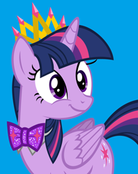 Size: 4088x5160 | Tagged: safe, artist:deathnyan, artist:disneymarvel96, character:twilight sparkle, character:twilight sparkle (alicorn), species:alicorn, species:pony, blue background, bow tie, bowties are cool, crown, happy, jewelry, regalia, simple background, tiara, vectoredit