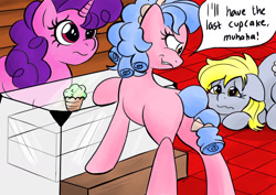 Size: 1748x1240 | Tagged: safe, artist:stammis, character:cozy glow, character:derpy hooves, character:sugar belle, species:pony, species:unicorn, abuse, blank flank, butt, cozy glutes, cupcake, derpybuse, dialogue, everything is ruined, female, floppy ears, food, older, older cozy glow, plot, pure concentrated unfiltered evil of the utmost potency, pure unfiltered evil, sad eyes, trio, trio female, wingless, you monster