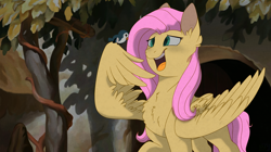 Size: 2500x1400 | Tagged: safe, artist:glitterstar2000, character:fluttershy, species:bird, species:pegasus, species:pony, animal, big wings, chest fluff, disney style, female, looking at each other, looking at something, mare, open mouth, outdoors, pets, realistic wings, reference, sitting on wing, smiling, snow white, solo, style emulation, wing hands, wings