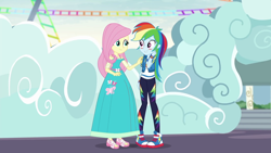 Size: 1920x1080 | Tagged: safe, artist:starman1999, edit, edited screencap, screencap, character:fluttershy, character:rainbow dash, equestria girls:rollercoaster of friendship, g4, my little pony: equestria girls, my little pony:equestria girls, clothing, converse, dress, geode of fauna, geode of super speed, long dress, magical geodes, shoes, sneakers