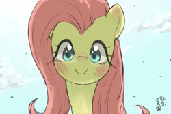 Size: 1800x1200 | Tagged: safe, artist:yanamosuda, character:fluttershy, species:pegasus, species:pony, blushing, bust, cute, female, looking at you, mare, portrait, shyabetes, smiling, solo
