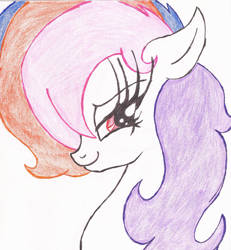 Size: 1624x1760 | Tagged: safe, artist:wyren367, oc, oc:lila love, species:pony, colored pencil drawing, female, looking at you, mare, profile picture, side view, simple background, smiling, traditional art