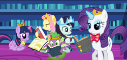 Size: 8960x4215 | Tagged: safe, artist:disneymarvel96, character:coloratura, character:fluttershy, character:rarity, character:spike, character:twilight sparkle, character:twilight sparkle (alicorn), species:alicorn, species:dragon, species:pony, book, bow tie, crown, disney, disney princess, jewelry, library, rara, reading, regalia, tiara, winged spike