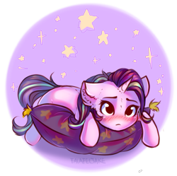 Size: 1077x1072 | Tagged: safe, artist:falafeljake, character:starlight glimmer, species:pony, species:unicorn, blushing, cushion, female, floppy ears, frown, lying down, mare, no nose, pillow, prone, solo, stars