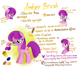 Size: 1900x1700 | Tagged: safe, artist:andromedasparkz, oc, oc:amber brush, species:earth pony, species:pony, female, glasses, mare, reference sheet, simple background, text, white background