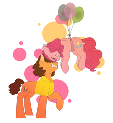 Size: 2300x2500 | Tagged: safe, artist:glitterstar2000, character:cheese sandwich, character:pinkie pie, species:earth pony, species:pony, ship:cheesepie, abstract background, balloon, female, floating, male, mare, shipping, stallion, straight, then watch her balloons lift her up to the sky