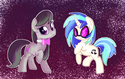 Size: 1700x1076 | Tagged: safe, artist:andromedasparkz, character:dj pon-3, character:octavia melody, character:vinyl scratch, species:earth pony, species:pony, species:unicorn, abstract background, female, mare, raised leg, rearing, request, smiling