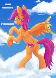 Size: 2000x2800 | Tagged: safe, artist:gab0o0, character:scootaloo, species:pegasus, species:pony, best young flyers competition, crown, cutie mark, dock, female, frog (hoof), jewelry, looking at you, looking back, looking back at you, older, older scootaloo, plot, rearing, regalia, scootaloo can fly, smug, solo, spread wings, standing, the cmc's cutie marks, underhoof, wings
