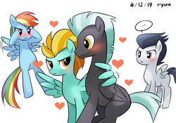Size: 2000x1400 | Tagged: safe, artist:ryuu, character:lightning dust, character:rainbow dash, character:rumble, character:thunderlane, species:pegasus, species:pony, female, heart, hug, male, mare, shipping, stallion, straight, thunderdust, winghug