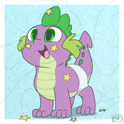 Size: 1000x1000 | Tagged: safe, artist:glitterstar2000, character:spike, species:dragon, episode:sparkle's seven, g4, my little pony: friendship is magic, baby, baby dragon, baby spike, clothing, cute, diaper, male, open mouth, quadrupedal spike, solo, spikabetes, star stickers, stars