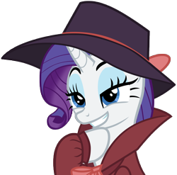 Size: 5448x5379 | Tagged: safe, artist:famousmari5, character:rarity, species:pony, species:unicorn, episode:sparkle's seven, g4, my little pony: friendship is magic, absurd resolution, bow, clothing, detective rarity, devious, fedora, female, grin, hat, lidded eyes, mare, raised eyebrows, raised hoof, simple background, smiling, solo, transparent background, trenchcoat, vector