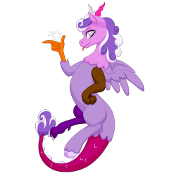 Size: 2500x2500 | Tagged: safe, artist:glacierfrostclaw, character:screwball, species:draconequus, draconequified, female, finger snap, floating, looking at you, simple background, species swap, tongue out, transparent background, xk-class end-of-the-world scenario