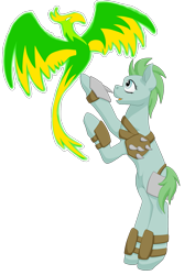 Size: 1333x2000 | Tagged: safe, artist:glacierfrostclaw, oc, oc:blaze, oc:dodo, species:balefire phoenix, species:earth pony, species:phoenix, species:pony, fallout equestria, armor, fanfic, fanfic art, female, flying, hooves, mare, open mouth, raider, simple background, solo, standing up, transparent background