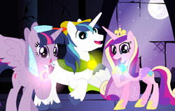 Size: 786x501 | Tagged: safe, artist:disneymarvel96, character:princess cadance, character:shining armor, character:twilight sparkle, character:twilight sparkle (alicorn), species:alicorn, species:pony, brooch, cape, clasp, clothing, crown, disney, glow, jewelry, light up, maid marian, moon, musical number, necklace, night, regalia, robin hood, singing, song, sparkling, tiara, veil