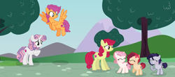 Size: 3280x1452 | Tagged: safe, artist:spectrumnightyt, base used, character:apple bloom, character:scootaloo, character:sweetie belle, oc, oc:apple dance, oc:beauty spirit, oc:speed stroke, parent:apple bloom, parent:button mash, parent:rumble, parent:scootaloo, parent:sweetie belle, parent:tender taps, parents:rumbloo, parents:sweetiemash, parents:tenderbloom, species:earth pony, species:pegasus, species:pony, species:unicorn, bandaid, cutie mark crusaders, female, filly, flying, high res, offspring, older, scootaloo can fly