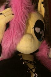 Size: 600x906 | Tagged: safe, artist:qtpony, character:fluttershy, species:anthro, animated, anthro plushie, clothing, dress, ear piercing, emoshy, eyeshadow, female, fluttergoth, goth, irl, jewelry, makeup, no sound, photo, piercing, plushie, ring, solo, webm