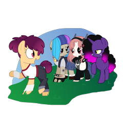 Size: 2200x2000 | Tagged: safe, artist:andromedasparkz, oc, oc only, oc:al.ii, oc:cherry fizzy, oc:ground pound, oc:scavy, species:earth pony, species:pony, species:unicorn, afro, bandage, blank flank, boots, clothing, cyborg, female, fingerless gloves, freckles, gloves, headphones, heart eyes, hoof wraps, jeans, jewelry, mare, multicolored hair, necklace, nose piercing, nose ring, open mouth, overalls, pants, piercing, raised hoof, scar, shirt, shoes, shorts, socks, spiked wristband, t-shirt, tank top, tape, wingding eyes, wristband