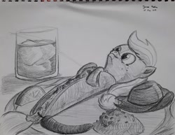Size: 3176x2448 | Tagged: safe, artist:rockhoppr3, character:applejack, species:seapony (g4), clothing, female, food, hat, micro, monochrome, pencil drawing, ponies in food, seaponified, seapony applejack, solo, species swap, taco, traditional art