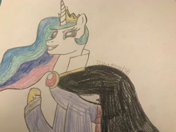Size: 4032x3024 | Tagged: safe, artist:disneymarvel96, character:princess celestia, species:pony, cape, clothing, collar, cosplay, costume, crown, disney, drawing, evil queen, grimhilde, jewel, jewelry, necklace, regalia, ruby, sash, snow white and the seven dwarfs