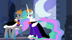 Size: 1184x666 | Tagged: safe, artist:disneymarvel96, character:good king sombra, character:king sombra, character:princess celestia, species:alicorn, species:pony, species:unicorn, ship:celestibra, cape, castle, clothing, cosplay, costume, couple, crown, disney, evil queen, female, grimhilde, jewelry, male, necklace, regalia, robe, shipping, snow white, snow white and the seven dwarfs, stained glass, straight