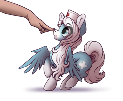Size: 1466x1200 | Tagged: safe, artist:28gooddays, oc, oc:icy heart, species:human, species:pegasus, species:pony, boop, clothing, hand, hat, nurse, nurse hat, scrunchy face, simple background, white background