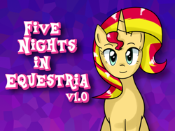 Size: 480x360 | Tagged: safe, artist:vanillafox2035, character:sunset shimmer, species:pony, species:unicorn, adorable face, cute, female, five nights at freddy's, five nights in equestria, flash game, game, link in source, looking at you, mare, parody, ponified, sitting, smiling, solo, title screen