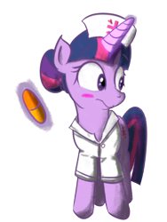 Size: 3000x4000 | Tagged: safe, artist:yinglongfujun, character:twilight sparkle, species:pony, species:unicorn, alternate hairstyle, blushing, female, hair bun, looking away, magic, mare, medicine, nurse, nurse outfit, pill, solo, suppository