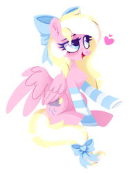 Size: 1493x1974 | Tagged: safe, artist:sonnatora, oc, oc only, oc:bay breeze, species:pegasus, species:pony, blushing, bow, chest fluff, clothing, cute, ear fluff, female, hair bow, mare, open mouth, simple background, socks, striped socks, tail bow, transparent background