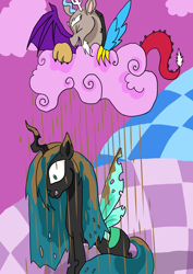 Size: 1240x1754 | Tagged: safe, artist:derpsonhooves, character:discord, character:queen chrysalis, chocolate rain