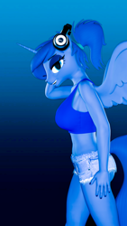 Size: 2160x3840 | Tagged: safe, artist:helioseusebio, character:princess luna, species:anthro, gamer luna, 3d, alternate hairstyle, breasts, busty princess luna, clothing, daisy dukes, eyeshadow, female, gradient background, lidded eyes, makeup, midriff, ponytail, scrunchie, shorts, solo, source filmmaker, sports bra