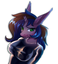 Size: 856x948 | Tagged: safe, artist:ghst-qn, oc, oc:kuro, species:anthro, species:bat pony, big breasts, breasts, broken horn, clothing, cute, horn, latex, shirt, simple background, white background