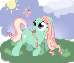 Size: 509x431 | Tagged: safe, artist:celerypony, character:minty, species:earth pony, species:pony, g3, butterfly, female, g3 to g4, generation leap, mare, smiling, solo