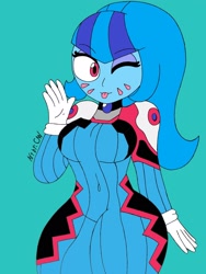 Size: 1536x2048 | Tagged: safe, artist:c_w, character:sonata dusk, my little pony:equestria girls, belly button, breasts, busty sonata dusk, clothing, cosplay, costume, d.va, female, jewelry, looking at you, one eye closed, overwatch, peace sign, pendant, plump, skintight clothes, smiley face, solo, thighs, tongue out, wink