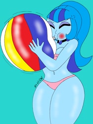 Size: 1932x2576 | Tagged: safe, artist:c_w, character:sonata dusk, my little pony:equestria girls, beach ball, belly button, bikini, blowing, blowing up beach ball, blushing, breast squish, breasts, clothing, eyes closed, inflating, jewelry, pendant, plump, swimsuit, thick, thighs
