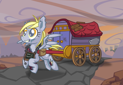 Size: 3290x2289 | Tagged: safe, artist:cazra, character:derpy hooves, species:pegasus, species:pony, fallout equestria, ditzy doo, fanfic, fanfic art, female, ghoul, grin, hooves, mare, road, saddle bag, smiling, solo, spread wings, wagon, wasteland, wings