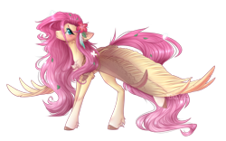 Size: 2656x1656 | Tagged: safe, artist:monogy, character:fluttershy, species:pegasus, species:pony, blushing, butterfly, chest fluff, cute, female, flower, flower in hair, looking at you, mare, shyabetes, simple background, solo, spread wings, standing, stray strand, three quarter view, transparent background, unshorn fetlocks, wings