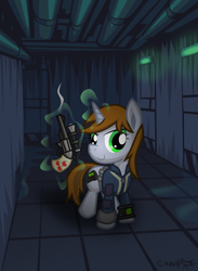 Size: 1285x1755 | Tagged: safe, artist:cazra, oc, oc:littlepip, species:pony, species:unicorn, fallout equestria, clothing, fanfic, fanfic art, female, glowing horn, gun, handgun, hooves, horn, levitation, little macintosh, magic, mare, optical sight, pipbuck, revolver, scope, smiling, solo, stable, telekinesis, vault suit, weapon