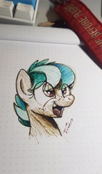 Size: 1207x2048 | Tagged: safe, artist:buckweiser, oc, oc only, oc:apogee, species:pegasus, species:pony, bust, female, filly, freckles, happy, ink drawing, open mouth, photo, portrait, sketch, smiling, solo, traditional art