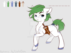 Size: 1024x768 | Tagged: safe, artist:falafeljake, oc, oc only, oc:olive roe, species:earth pony, species:pony, appleloosa, colored hooves, deviantart watermark, ear piercing, earring, freckles, green hair, hooves, jewelry, knife, male, obtrusive watermark, piercing, reference sheet, solo, spotted, stallion, watermark