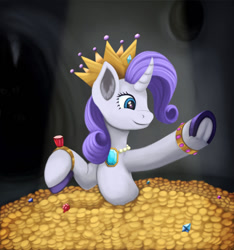 Size: 1024x1093 | Tagged: safe, artist:redquoz, character:rarity, species:pony, species:unicorn, episode:dragonshy, g4, my little pony: friendship is magic, cave, crown, curved horn, female, frog (hoof), gemstones, gold, hoard, hooves, horn, jewelry, mare, raised hoof, redraw, regalia, smiling, underhoof