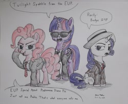 Size: 3004x2448 | Tagged: safe, artist:rockhoppr3, character:pinkie pie, character:rarity, character:twilight sparkle, character:twilight sparkle (alicorn), species:alicorn, species:pony, clothing, cole phelps, cosplay, costume, deadly premonition, francis york morgan, heavy rain, l.a. noire, norman jayden, suit, traditional art