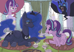 Size: 4093x2894 | Tagged: safe, artist:yanamosuda, character:nightmare moon, character:princess luna, character:starlight glimmer, species:alicorn, species:pony, species:unicorn, /mlp/, canterlot, canterlot castle interior, cute, duo, female, food, former villain, hoof shoes, lying on pillows, mare, pillow, prone, s5 starlight, sitting, sitting on pillow, talking, tea